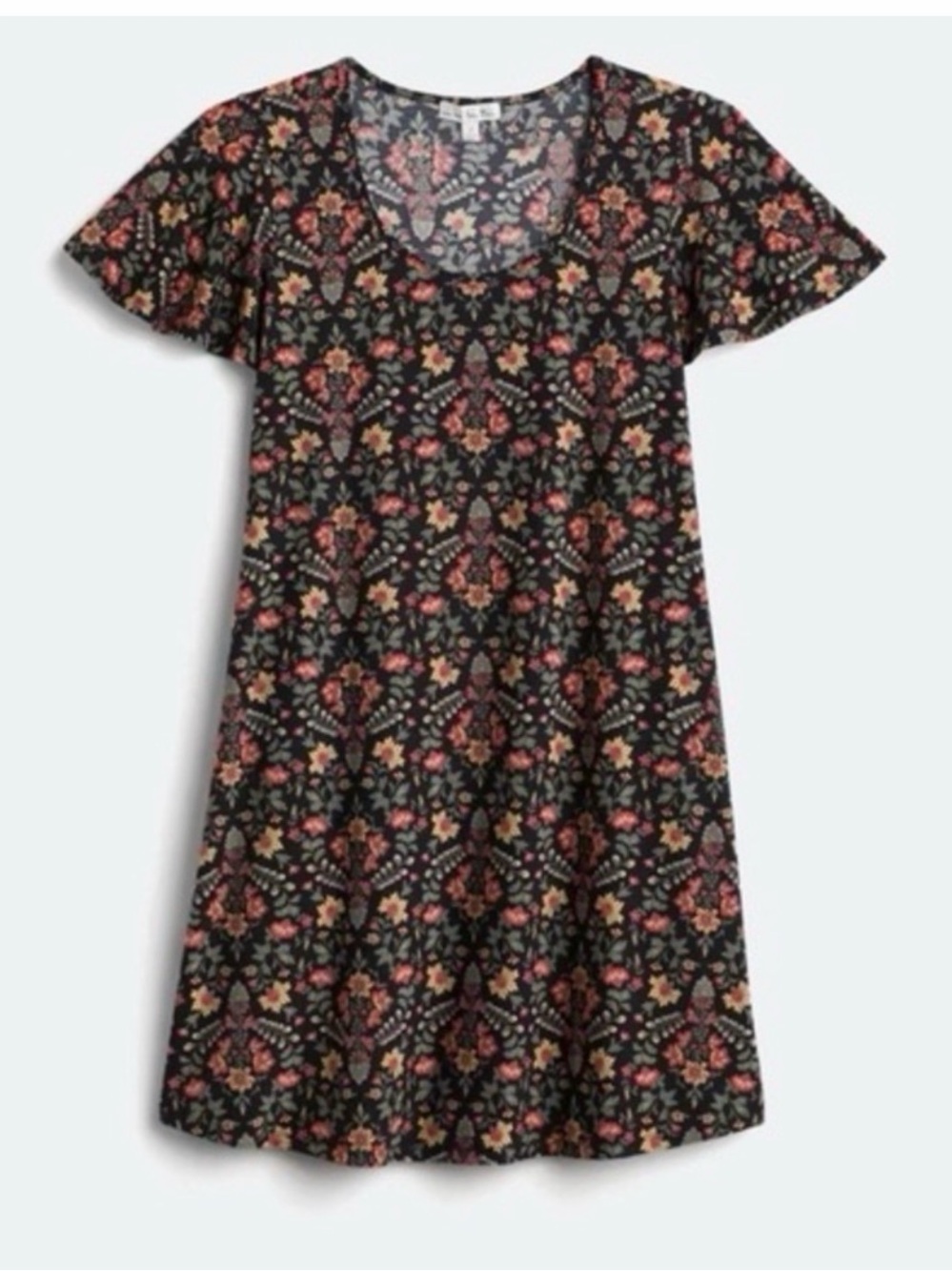 nine britton Black Floral Knit A-Line Dress with Pink and Green Print